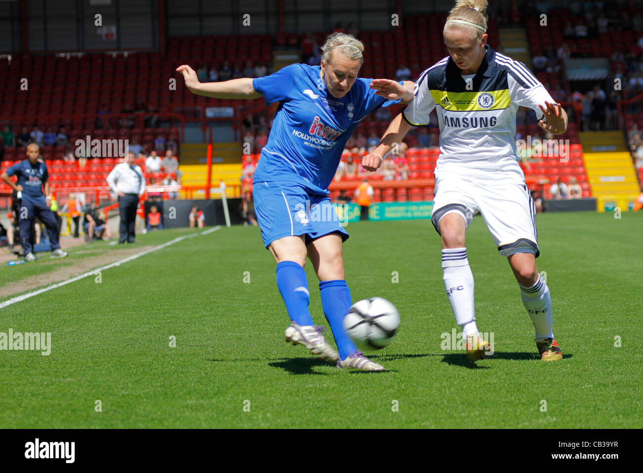 26.05.2012, Ashton Gate, England. Chelsea v Birmingham. The Womens FA Cup Final. Chelsea v Birmingham. A driven cross by Chelsea Weston of Birmingham fires past Chelseas Sophie Ingle. Stock Photo