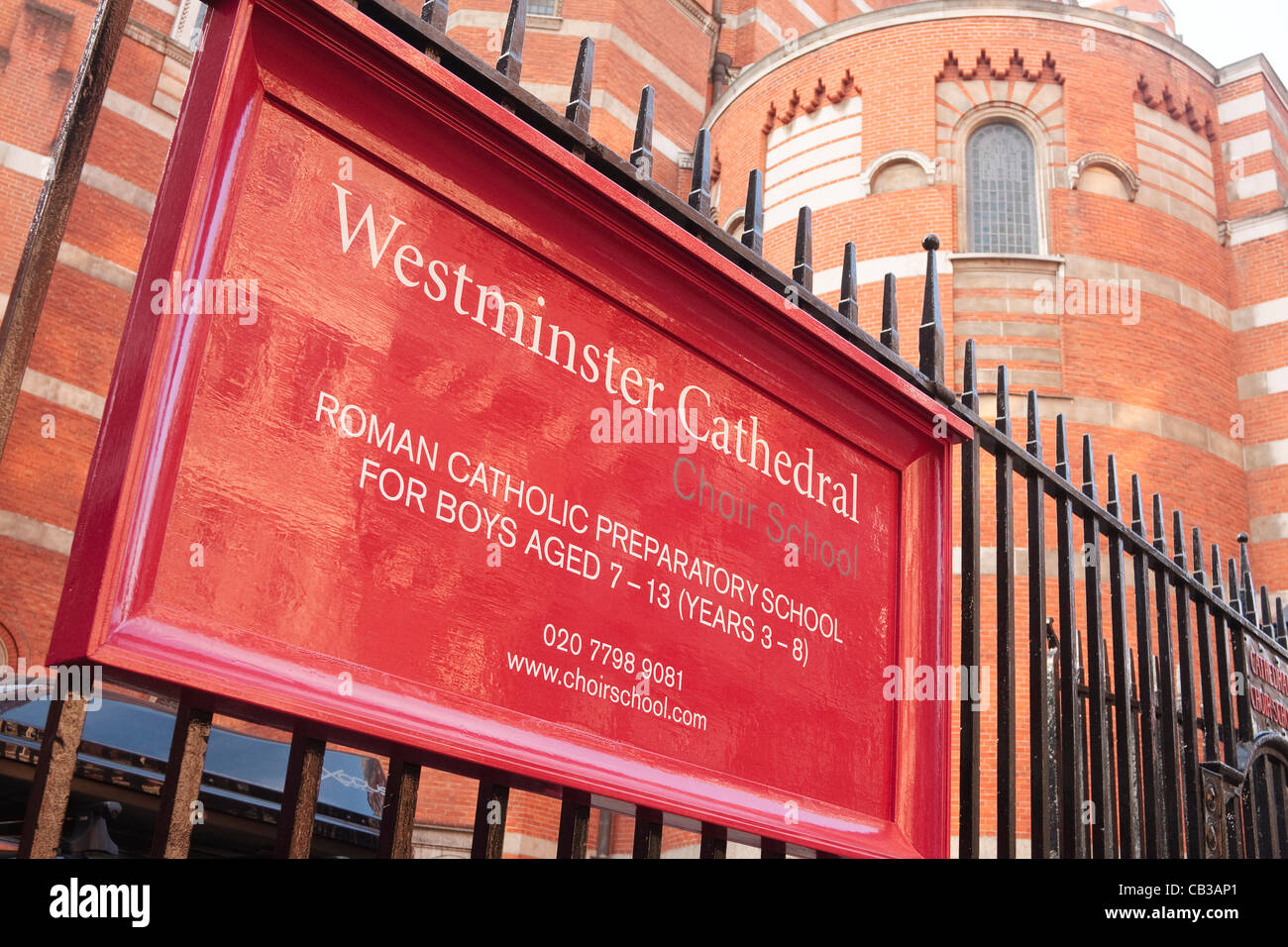 A close-up of the sign for the Westminster Cathedral choir school sign, Westminster, London Stock Photo