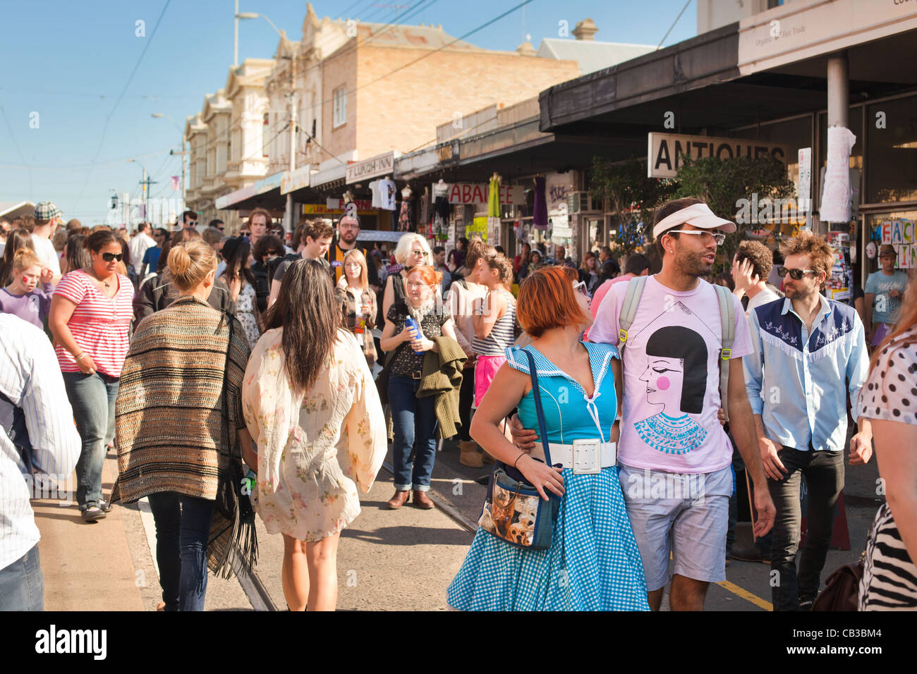 interesting fashions at the High Noon community festival is a Northcote local music fest in Melbourne, Australia Stock Photo