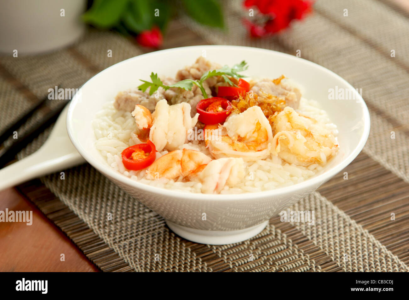 Rice soup with prawn and mince pork Stock Photo