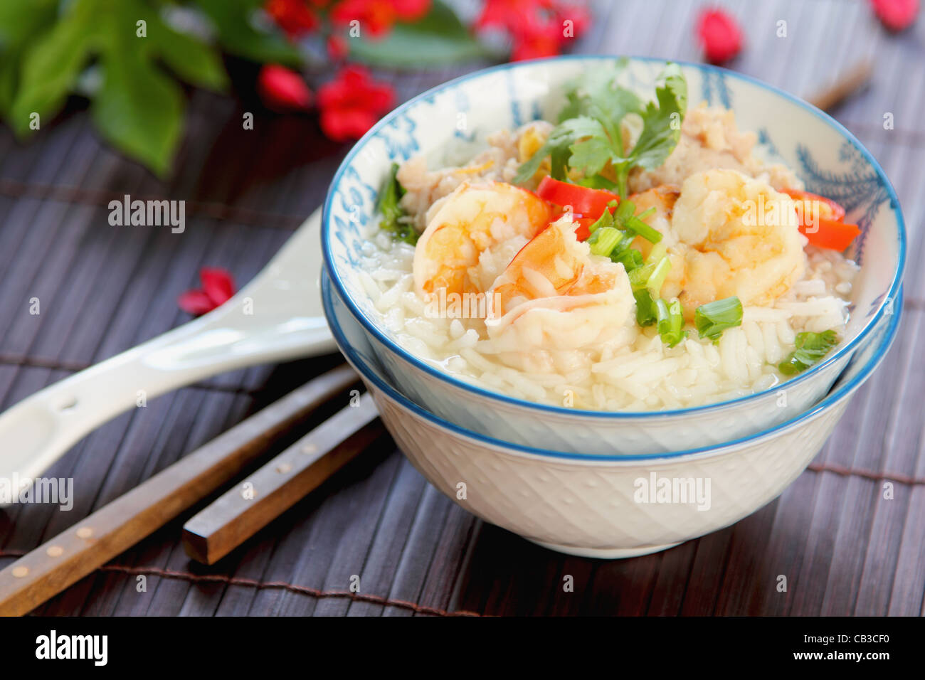 Rice soup with prawn and mince pork Stock Photo