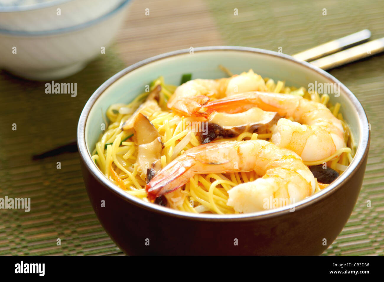 Stir fried Noodle with prawn Stock Photo