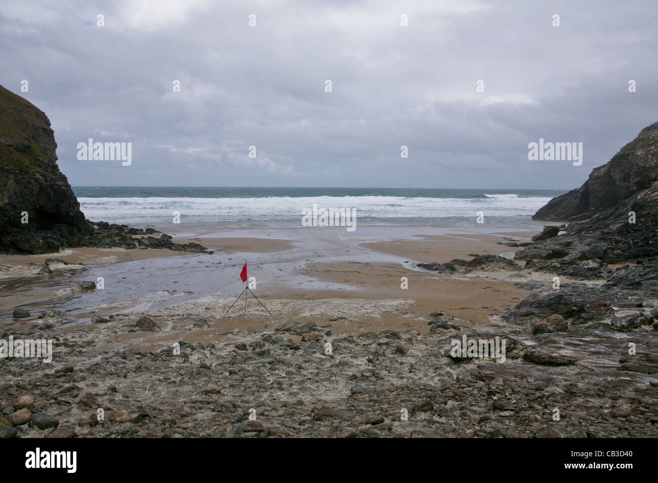 Beach at Chapel Porth, red flagged. Stock Photo