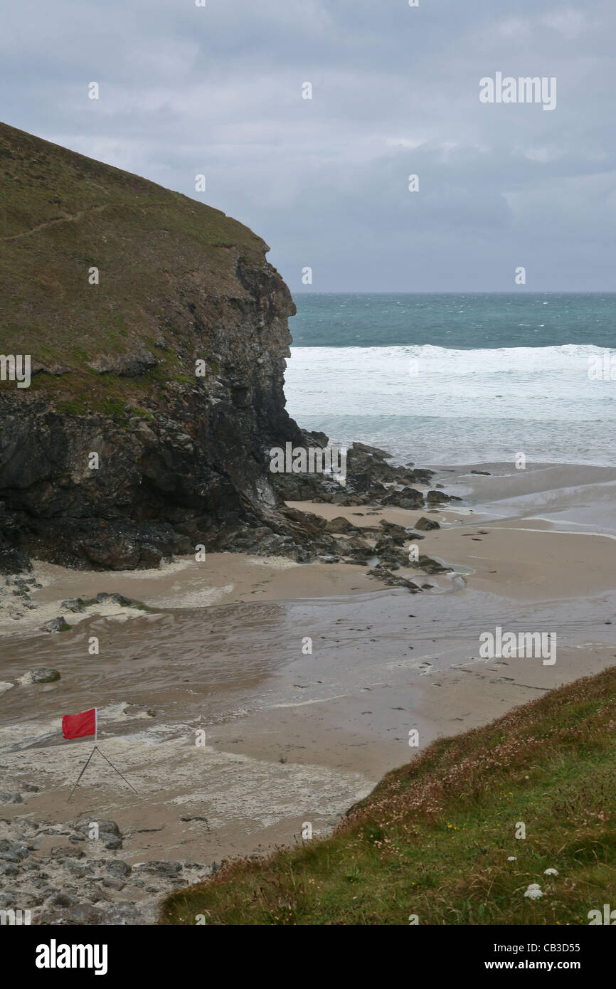 Beach at Chapel Porth, red flagged. Stock Photo