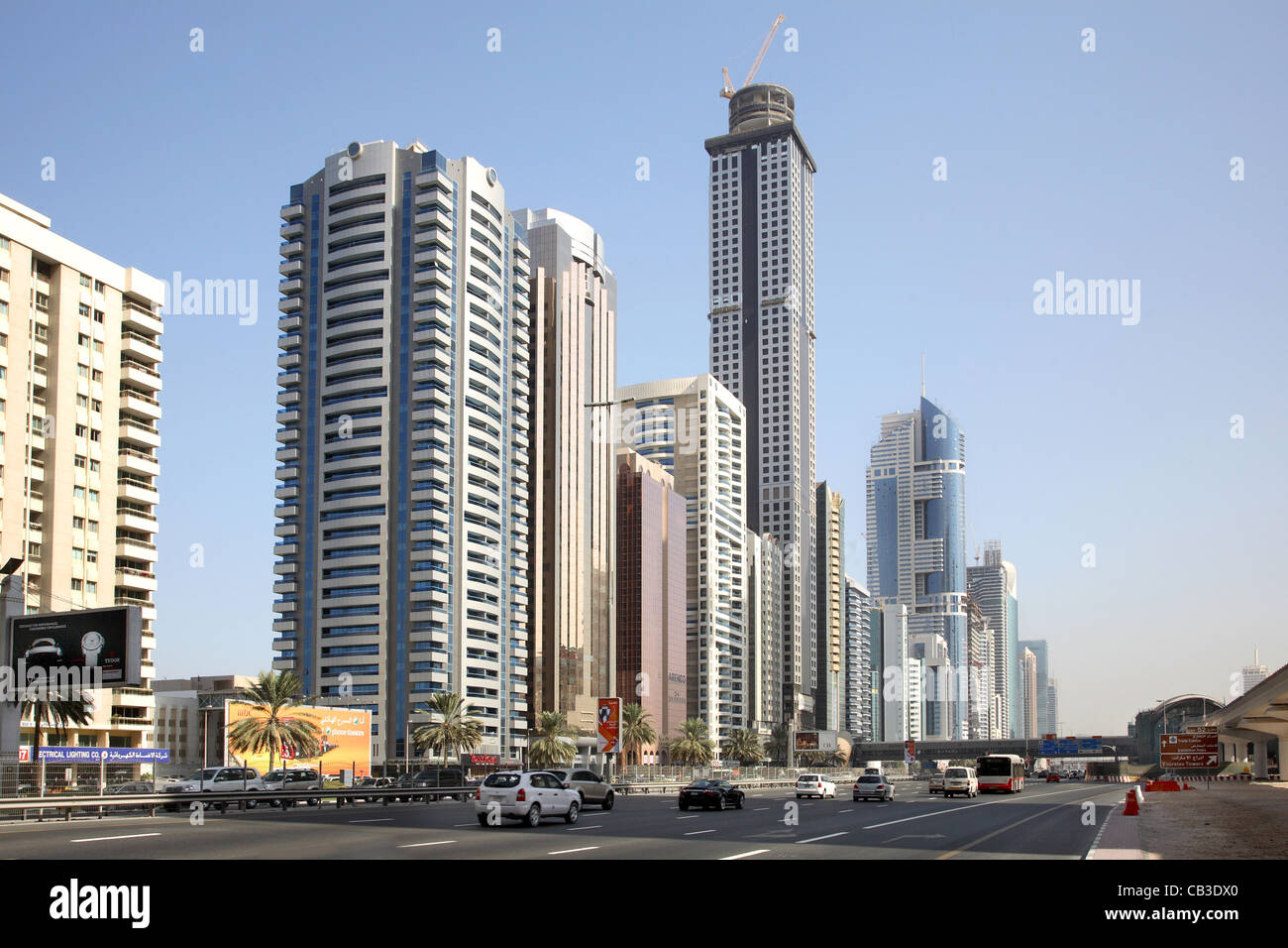 Tower blocks of Dubai's Financial District on Sheikh Zayaed Road Stock Photo
