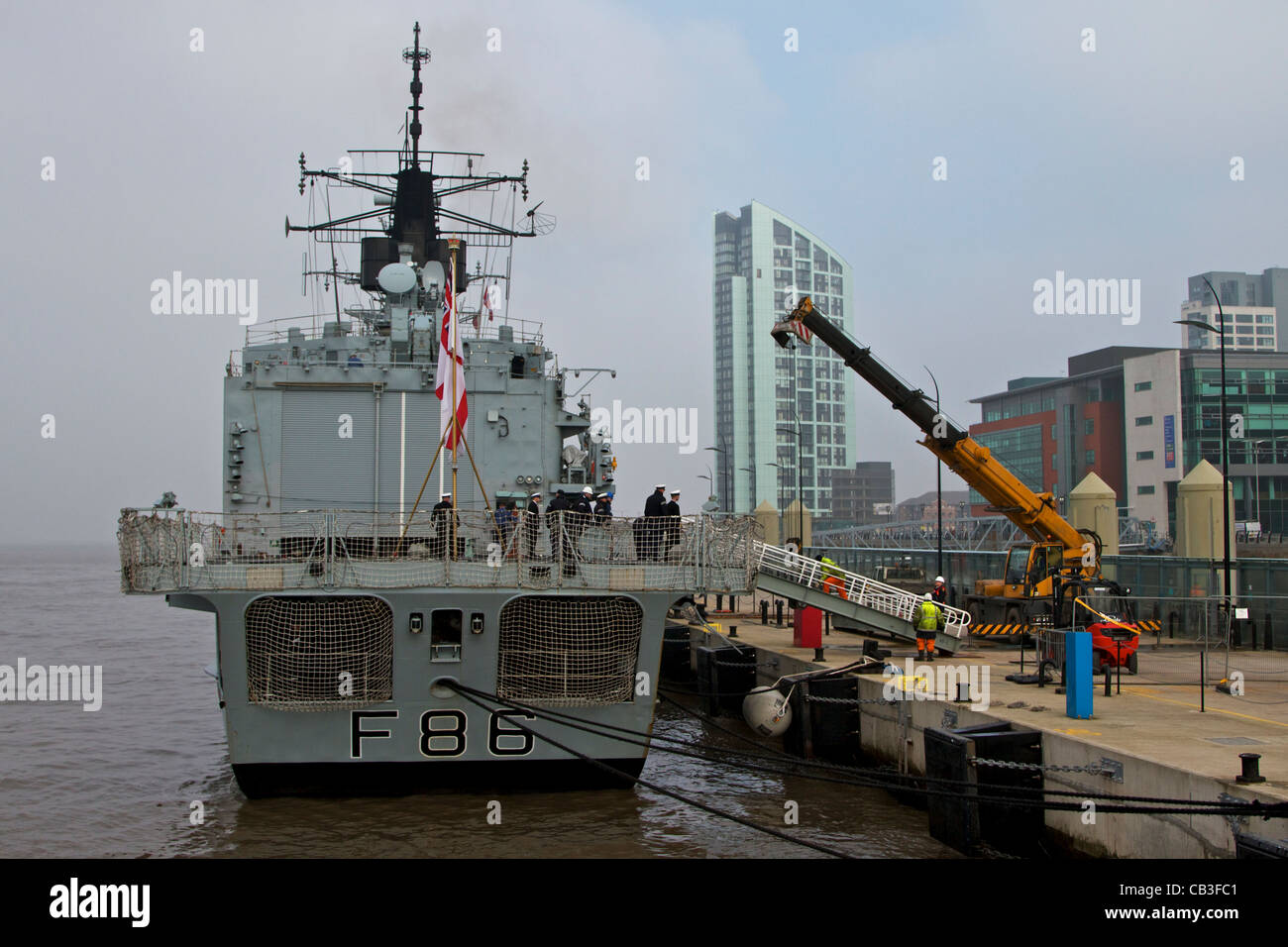 HMS CAMPBELTOWN, berthed at Liverpool Cruise Liner Terminal for last time before being decommissioned Stock Photo