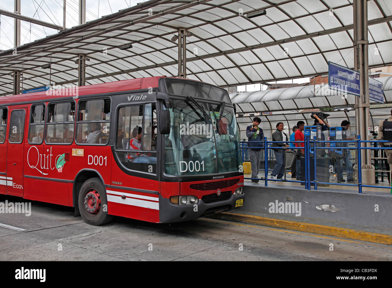 Ecuador. Public bus and tram service along Ecovia, a dedicated urban