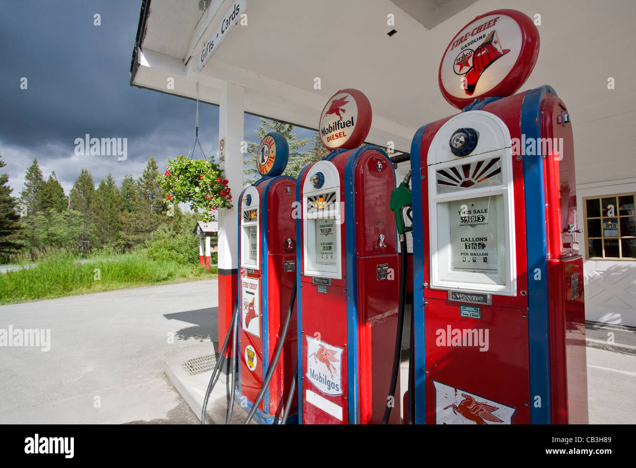 Old petrol pumps. Gustavus petrol station. Glacier Bay. Alaska. USA Stock Photo