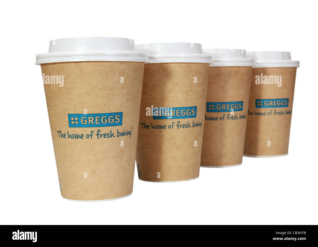 Greggs the bakers row of four takeaway paper cups or mugs or beakers