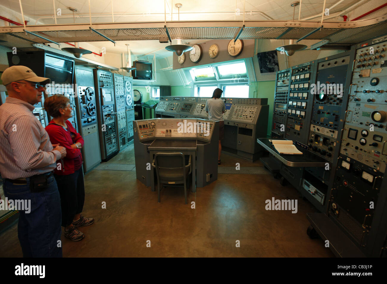 Kennedy Space Center 'Then & Now' tour, historic Mercury program blockhouse interior. Stock Photo