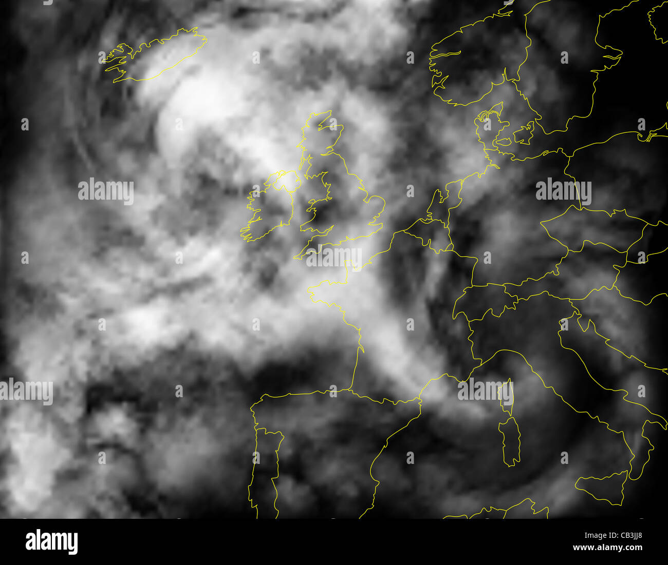 Illustration of cloud cover over Europe on a satellite photograph Stock Photo