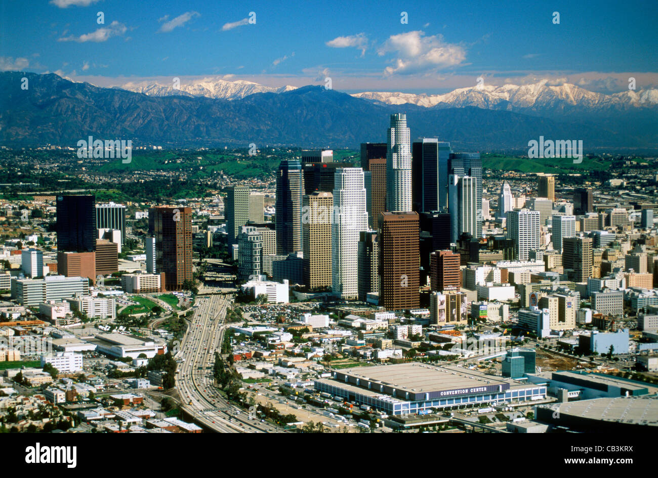 Los angeles skyline mountains overview hires stock photography and