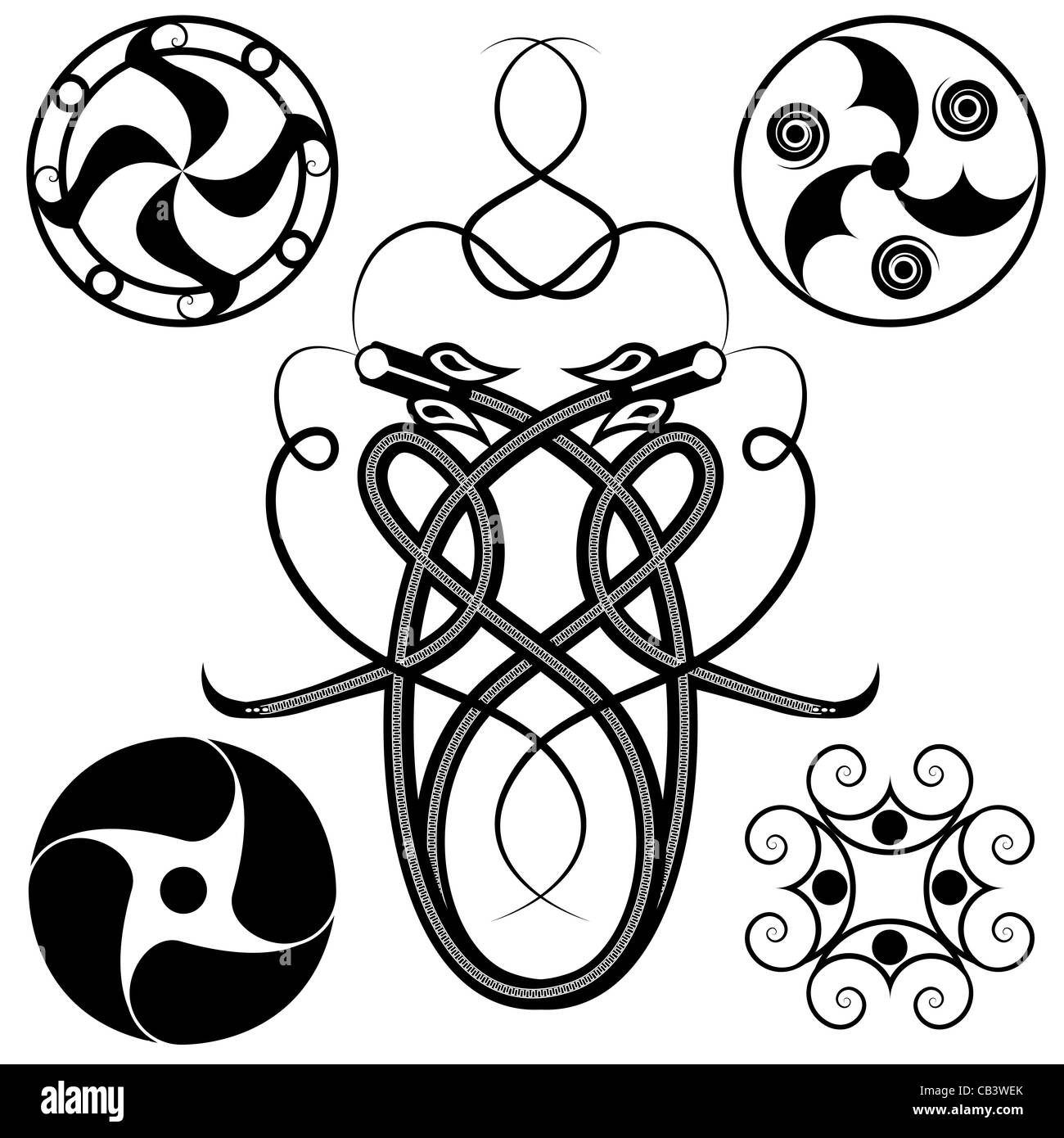 set of celtic patterns: dragons and circles Stock Photo