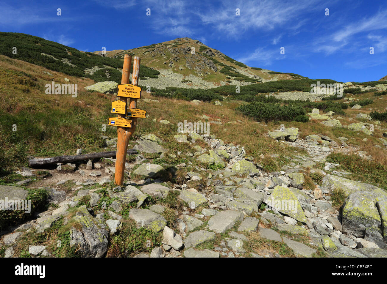 The tourist signpost on the trail to Ziarske sedlo in Rohace, part of High Tatras National Park, Slovakia. Stock Photo