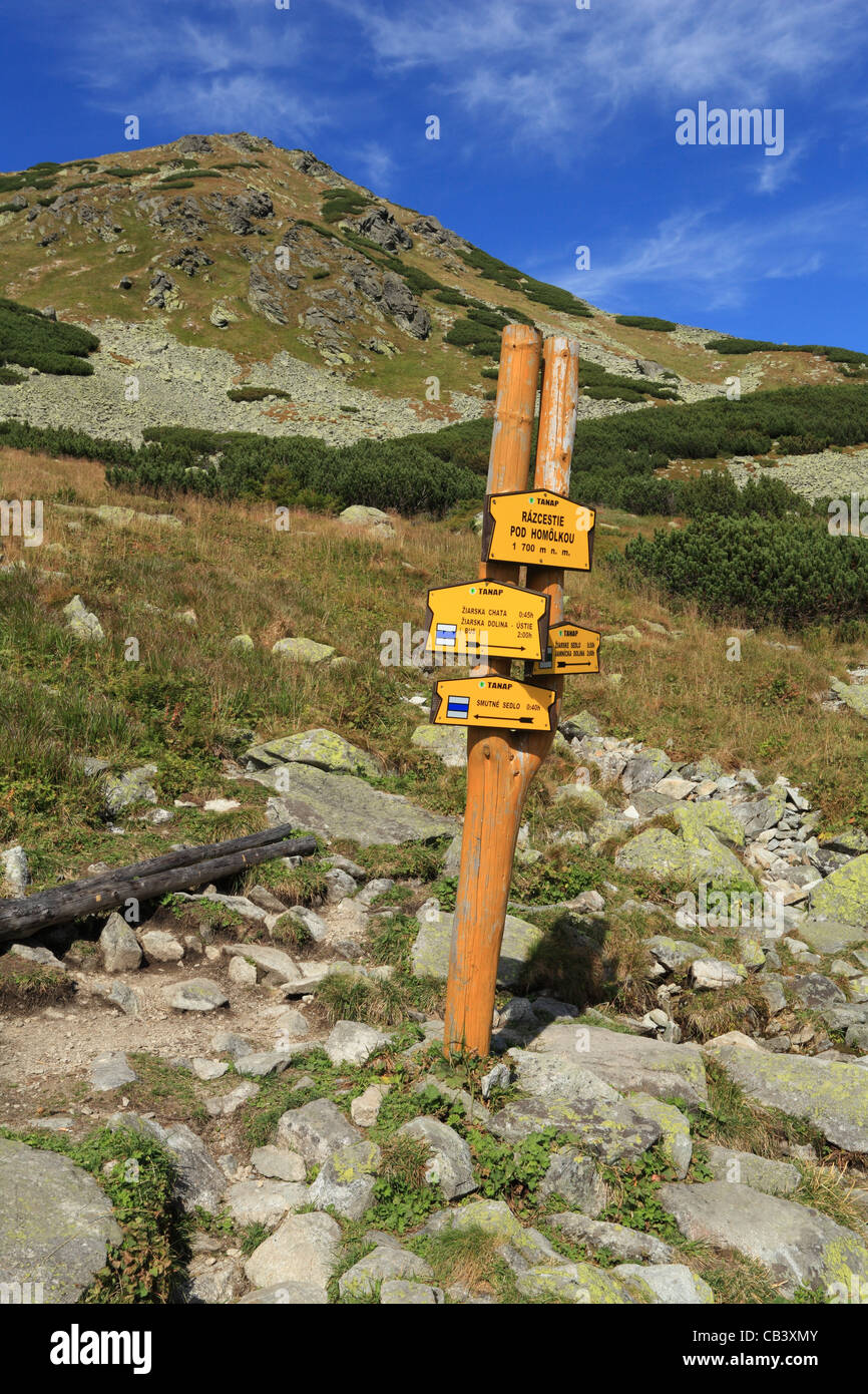 The tourist signpost on the trail to Ziarske sedlo in Rohace, part of High Tatras National Park, Slovakia. Stock Photo