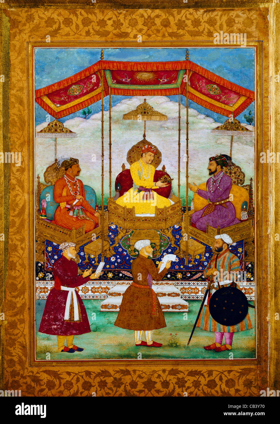 Indian Moghul Painting By Bichtir Of Emperor Akbar Pass Crown From Jahangir (son) To Grandson Shah Fahar 1627-1658 Stock Photo