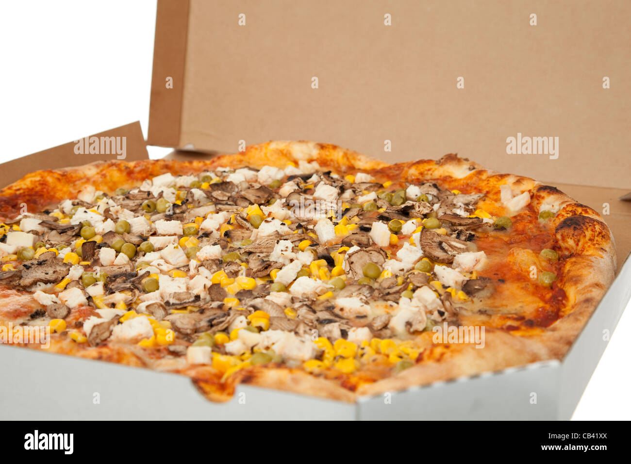 huge pizza in box takeaway on white background Stock Photo