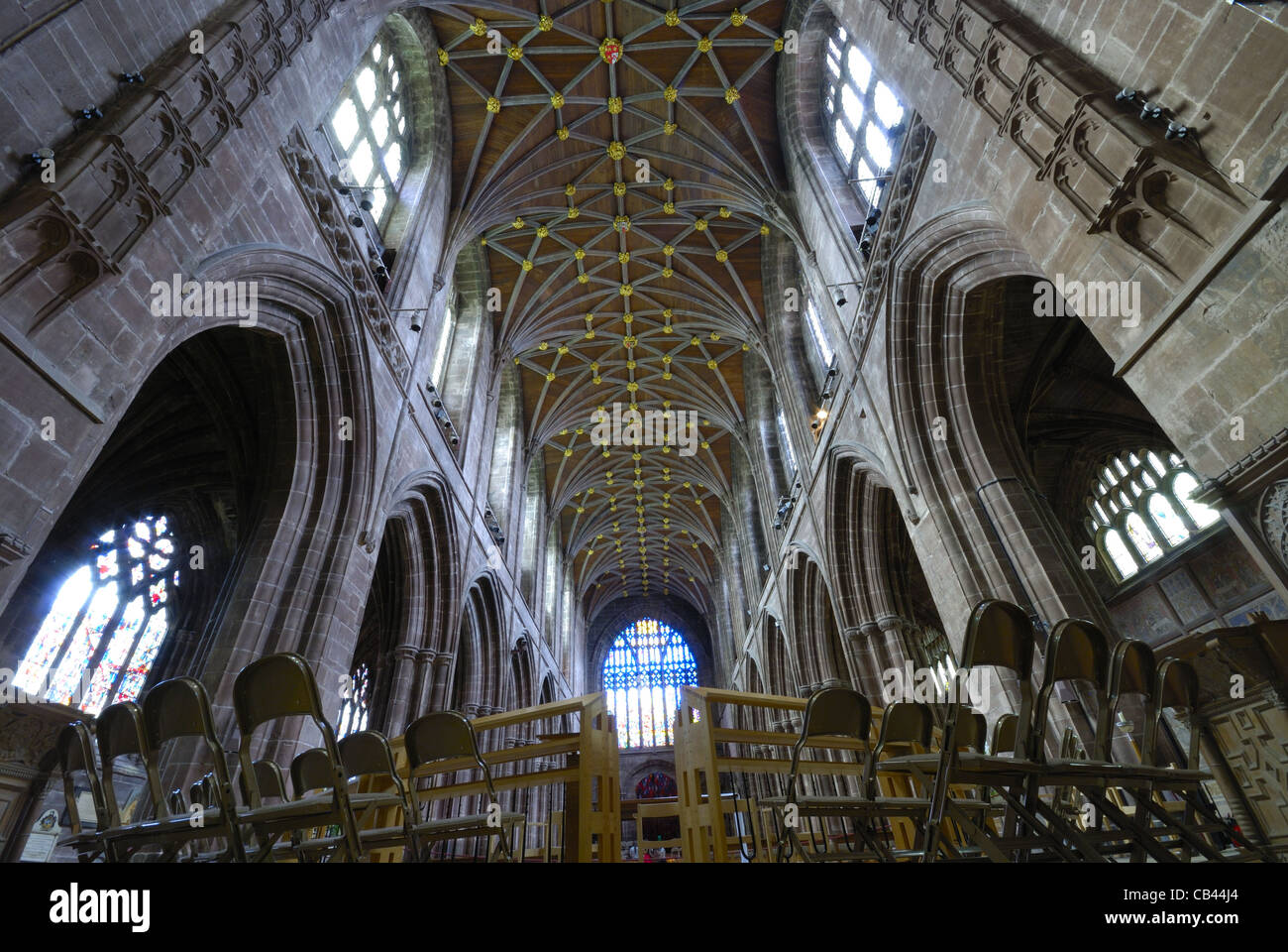 A wide angle view of the nave in the historic Chester Cathedral in the town of Chester Cheshire UK Stock Photo