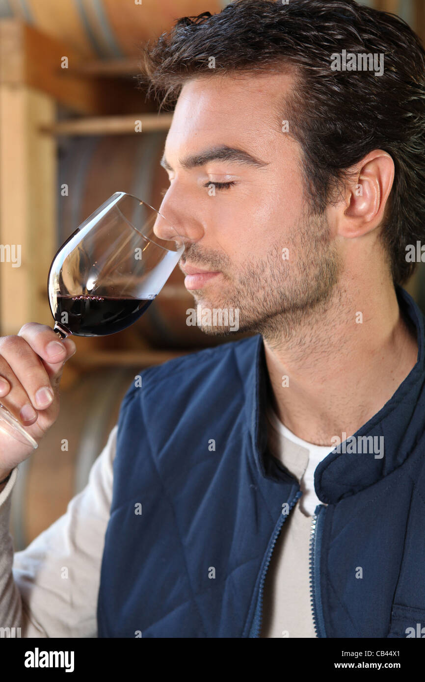 Man smelling red wine fragrances Stock Photo - Alamy