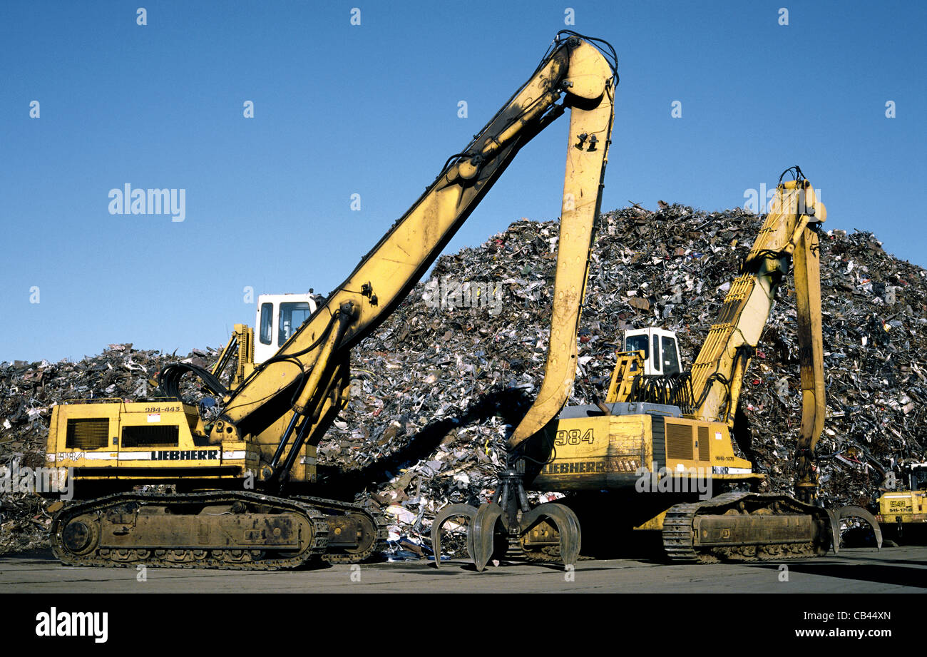 Scrap heap at EMR - European Metal Recycling at Hachmannkai in the German port Hamburg. Stock Photo