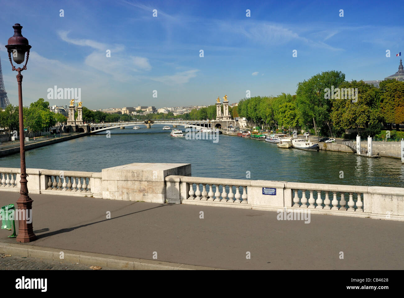 West view of River Seine from Pont de la Concorde toward Pont Alexander lll. Stock Photo