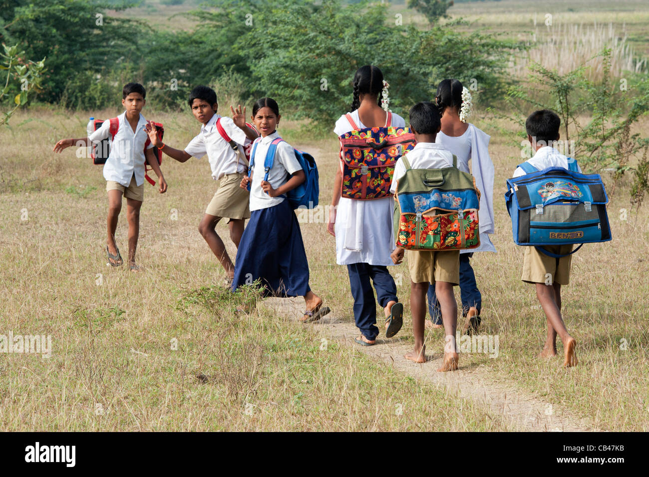 Indian children walking to school in the countryside. Andhra Pradesh, India Stock Photo