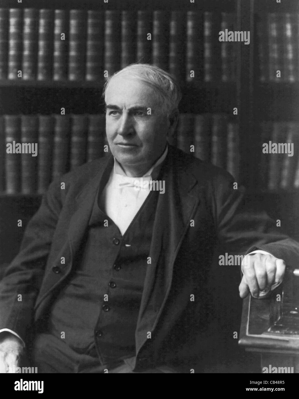 Vintage portrait photo of American inventor and businessman Thomas Alva Edison (1847 – 1931). Edison is pictured in his library circa 1913. Stock Photo