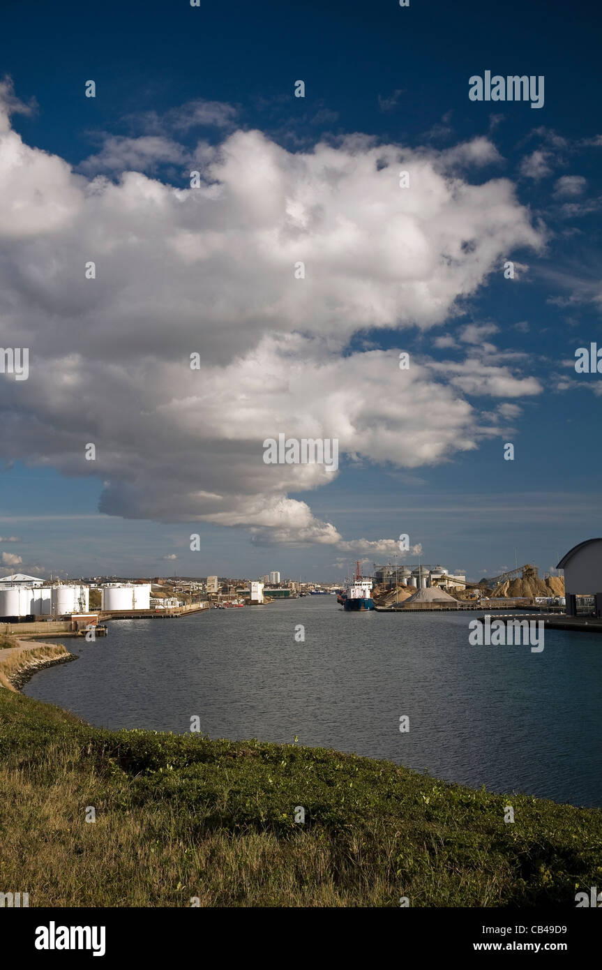 View along the length of the Port of Shoreham, West Sussex, UK Stock Photo