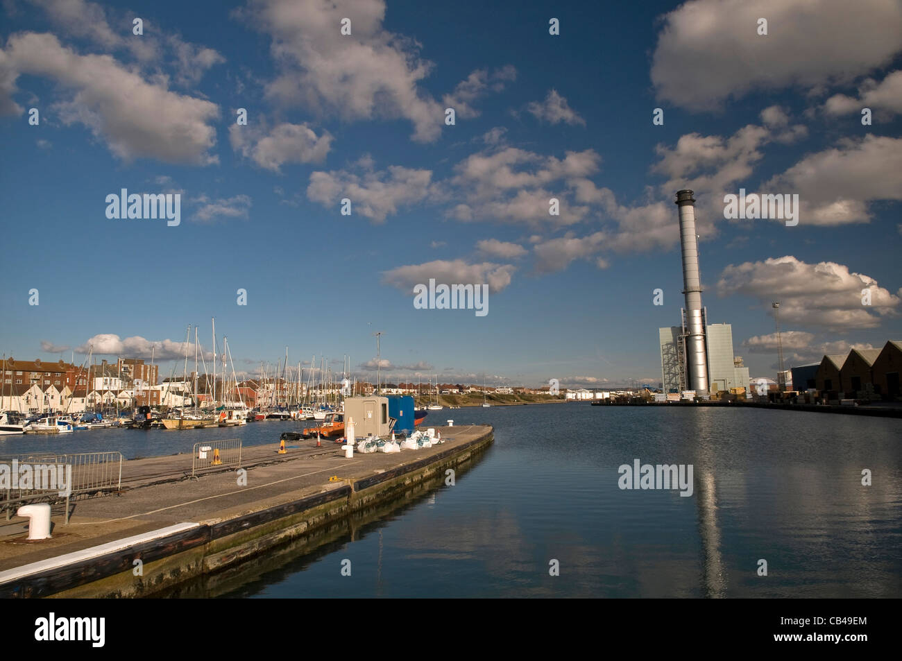 Shoreham Harbour and Power Station viewed from the Lock crossing, West Sussex, UK Stock Photo