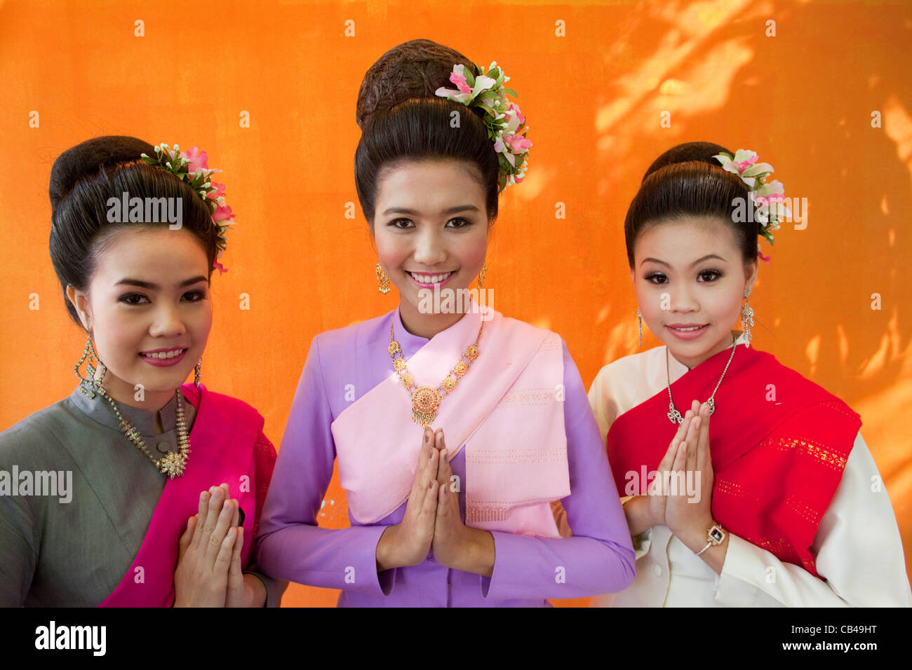 Thailand, Chiang Mai, Chiang Mai Flower Festival, Beauty Queens in Traditional Thai Costume Stock Photo