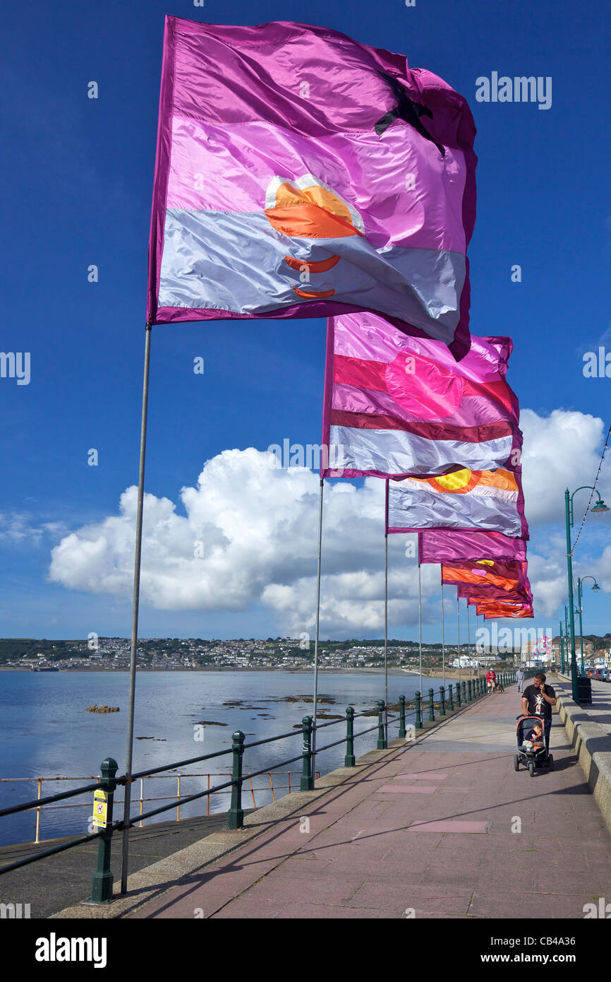 Silk flags on the seafront in Penzance,  Cornwall,South West  England, UK, United Kingdom, GB, Great Britain, British Isles, Stock Photo