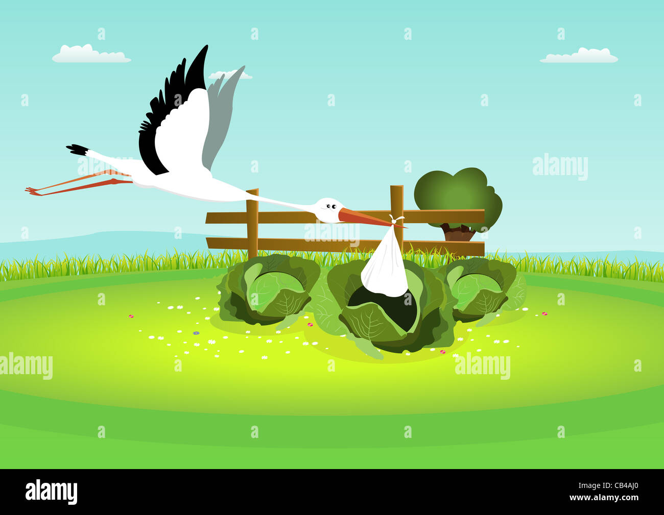 Illustration of a stork delivering twins baby girl and also a version with a single one baby girl Stock Photo