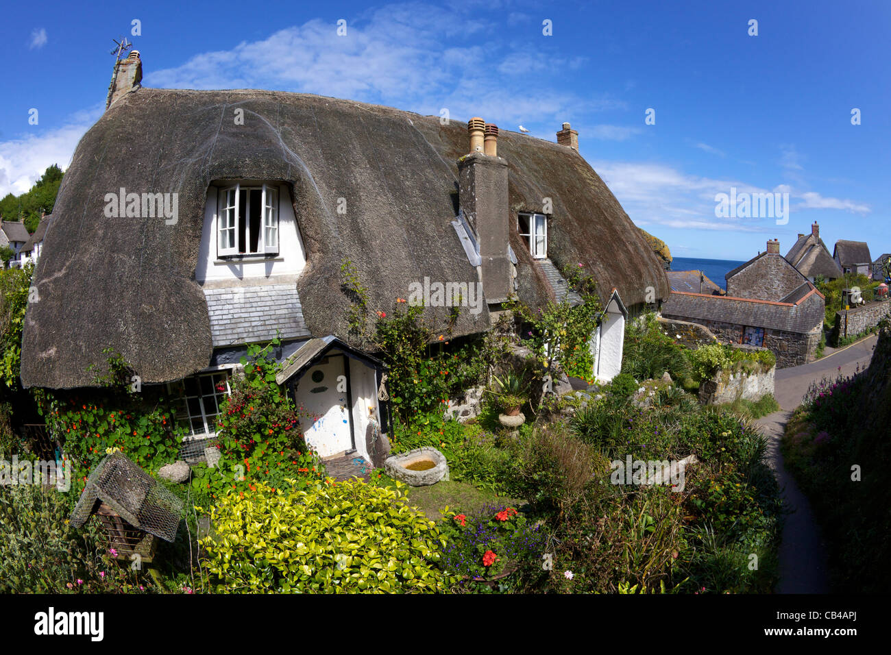 Thatched cottages at Cadgwith, Lizard Peninsula, Cornwall,South West  England, UK, United Kingdom, GB, Great Britain, Stock Photo