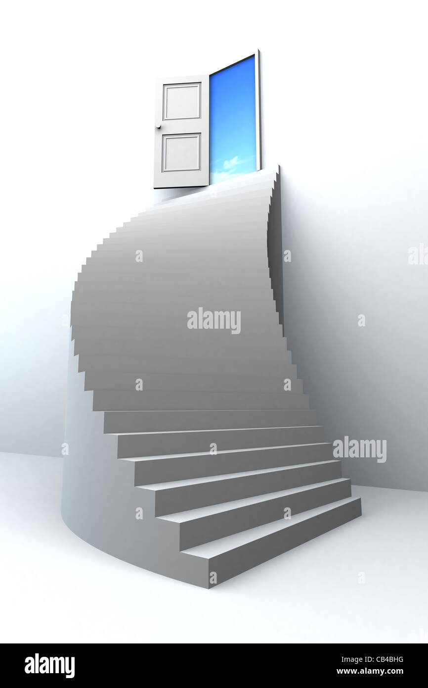 Open door to business success with 3d stairs. Stock Photo