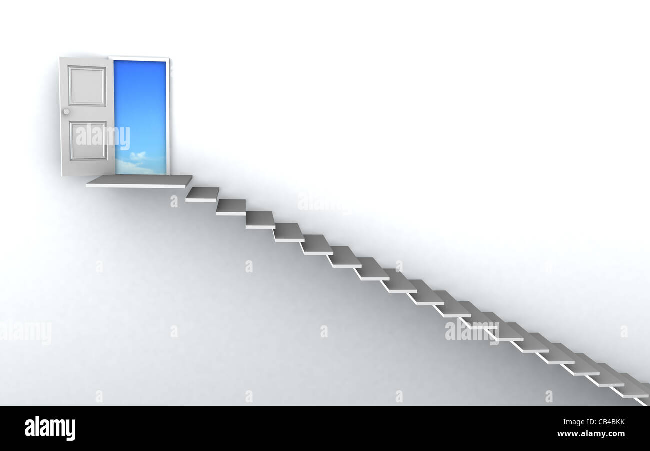 Open door to business success with 3d stairs. Stock Photo