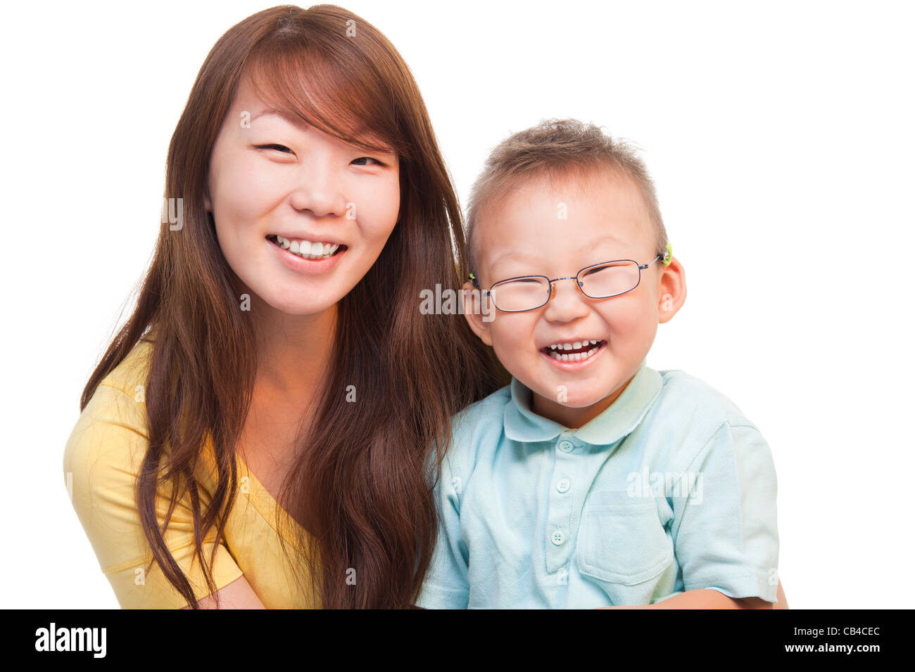 Happy Chinese mother with son isolated on white background Stock Photo