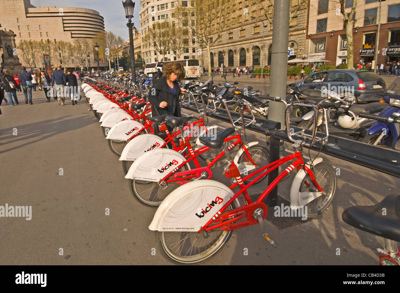 EUROPE SPAIN Barcelona bicycles for hire in the Plaça da Catalunya Stock Photo