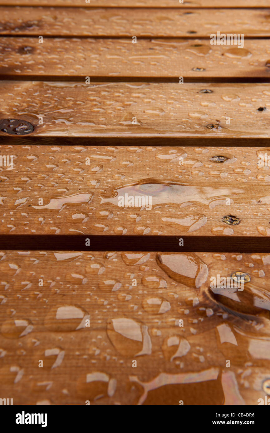 Water droplets on wood timber, protection on decking with active