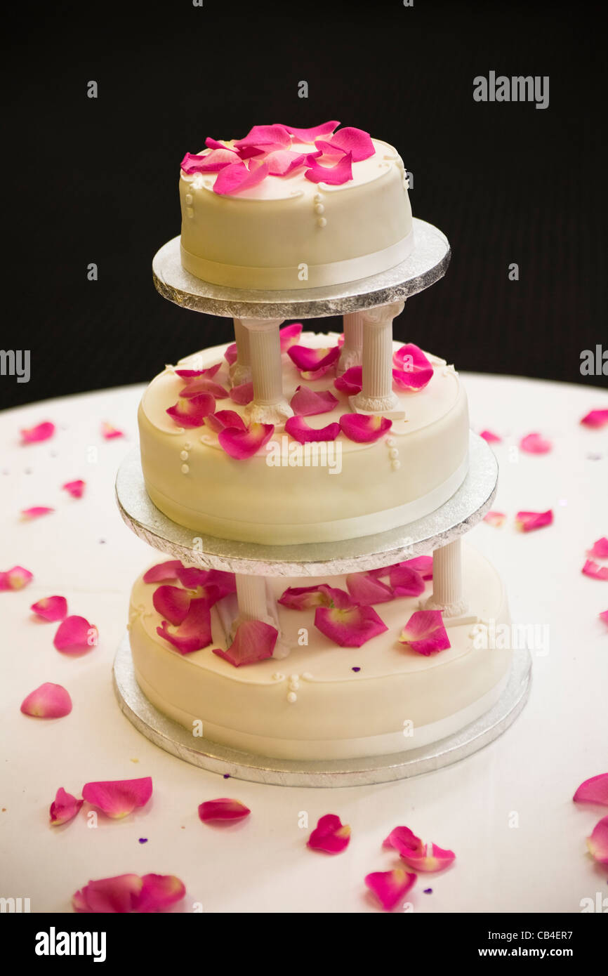 Three level white wedding cake with pink rose petals Stock Photo - Alamy