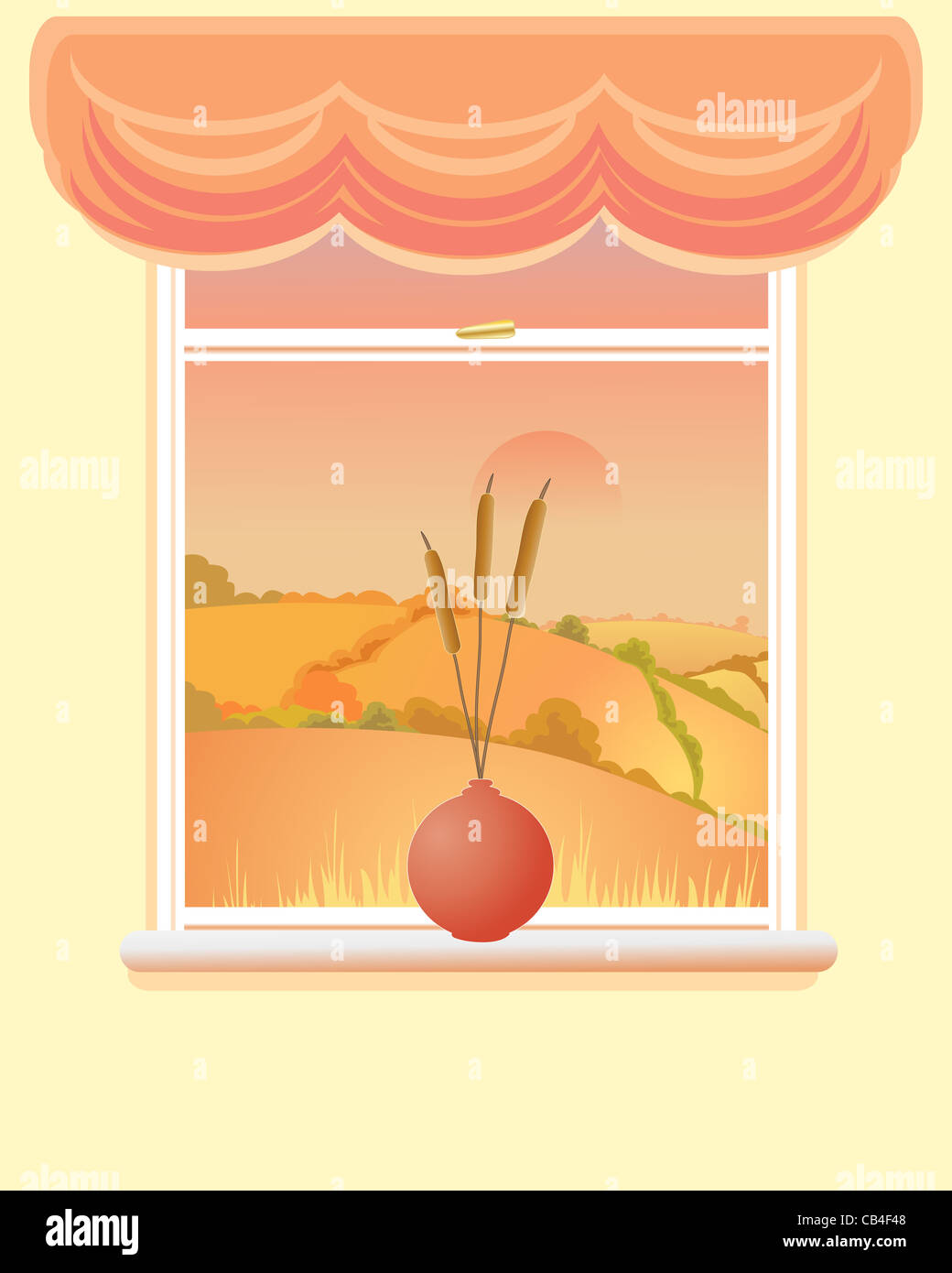 an illustration of a window with an autumnal landscape a vase of bullrushes and a swag curtain Stock Photo