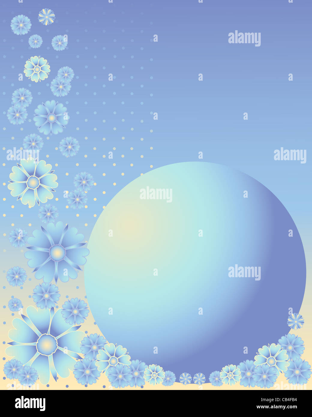 an illustration of a blue globe with bright flowers and dots on a blue yellow background Stock Photo