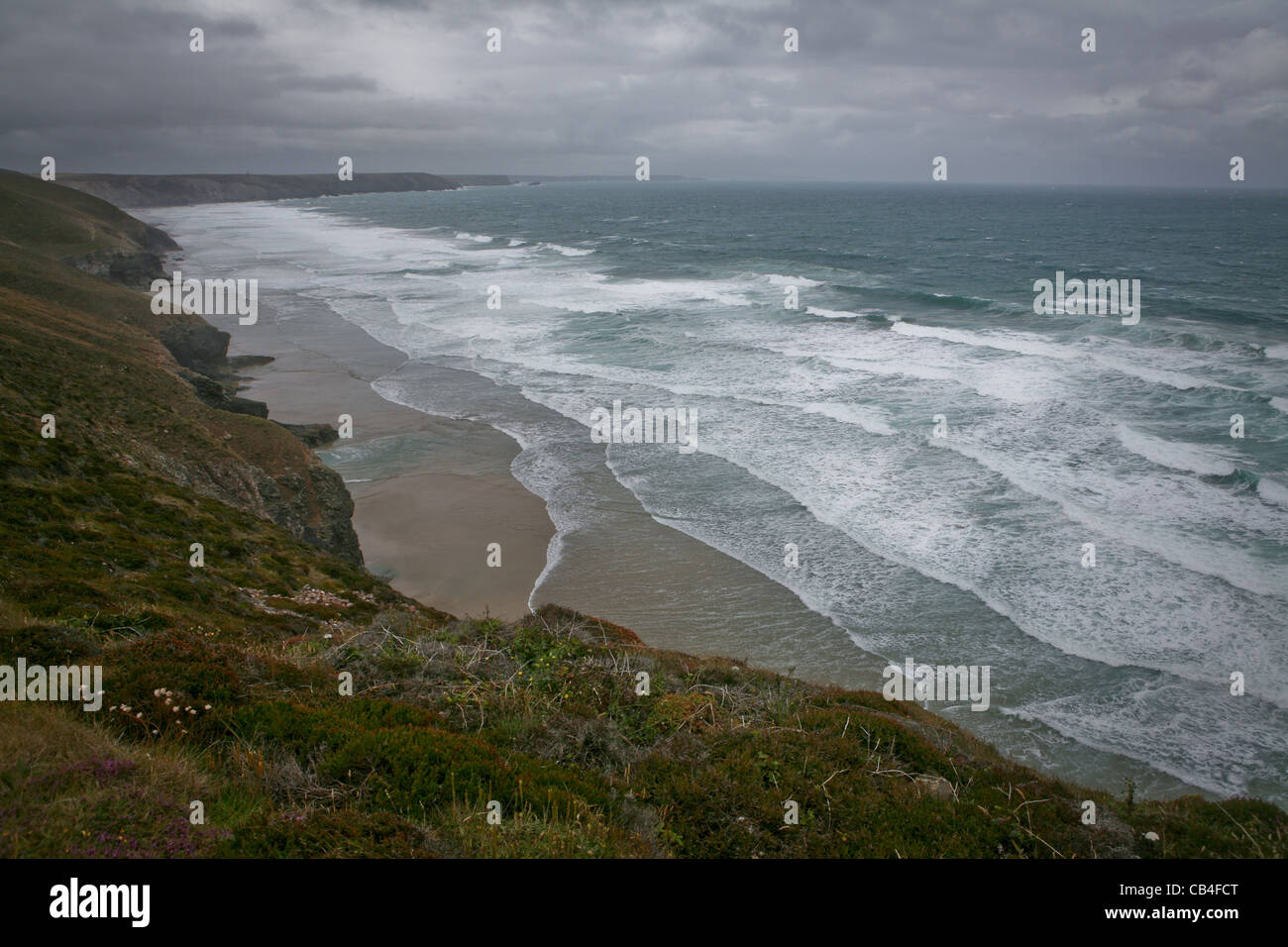 Chapel Porth on the Cornish coast, looking out to sea on a stormy day. Stock Photo