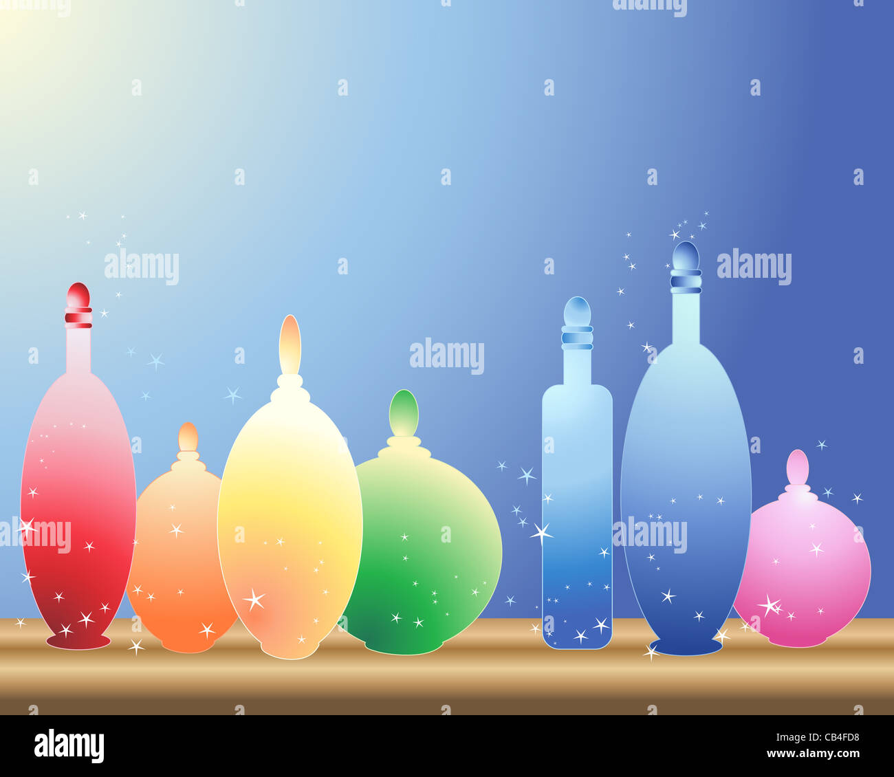 an illustration of colorful glass bottles on a wooden shelf with blue ...