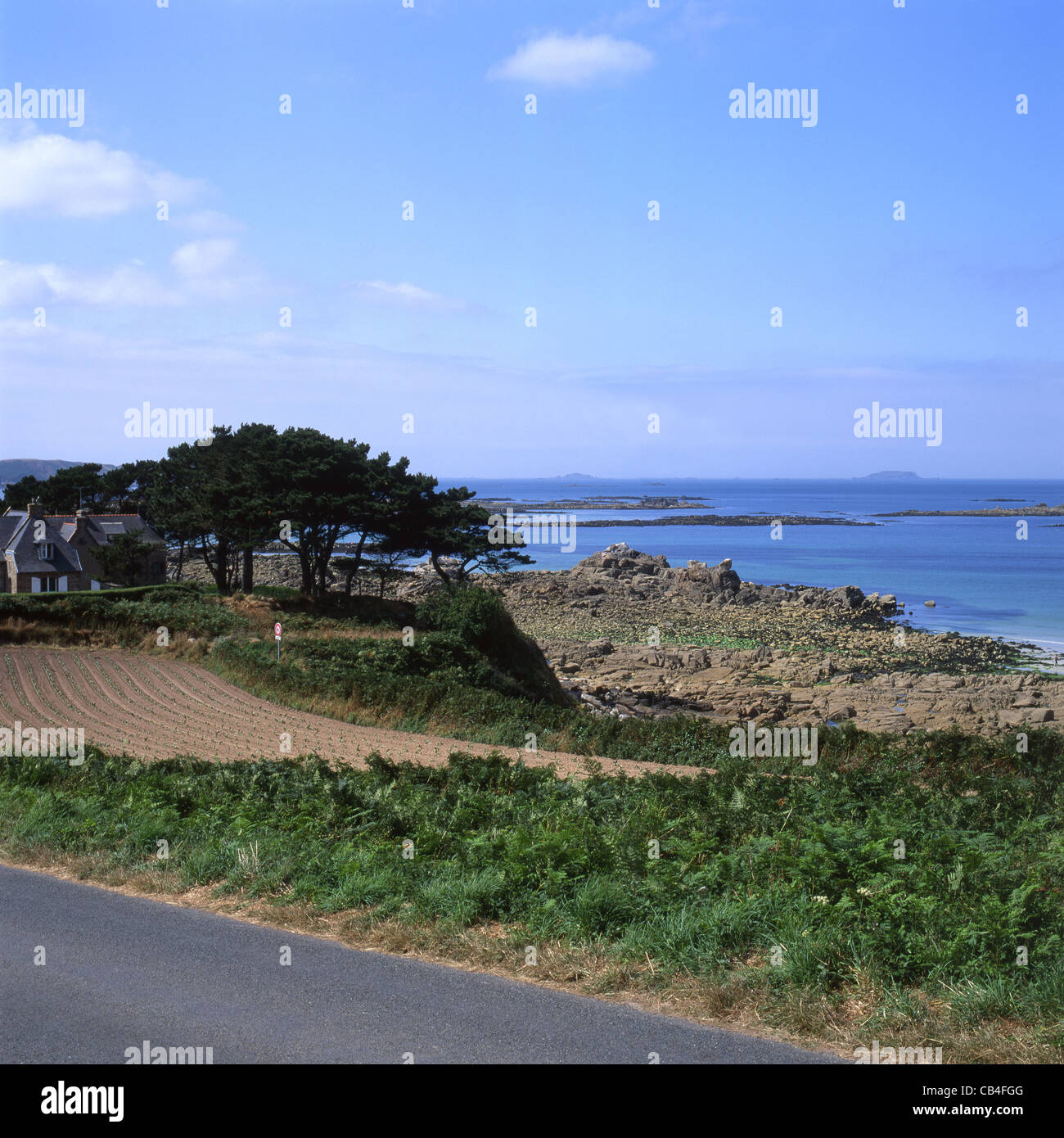 Fields and rocky coastline at Port L'Epine in Brittany. France Stock Photo