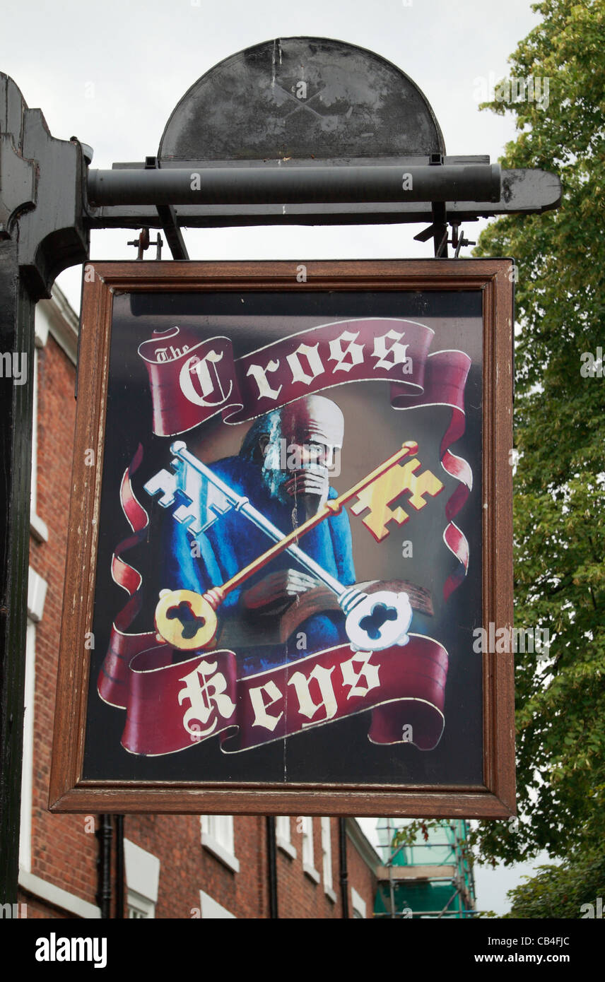 The pub sign above the Cross Keys Inn public house, Duke Street, Chester, Cheshire, UK. Stock Photo