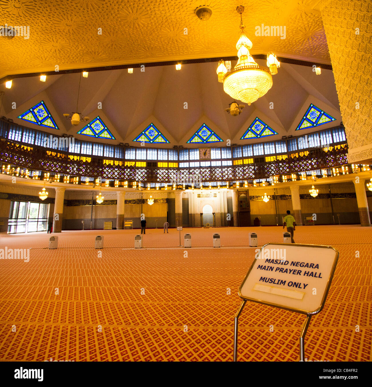 interiors of national mosque, masjib negara, of Malaysia, with a 'muslim only' display. Stock Photo