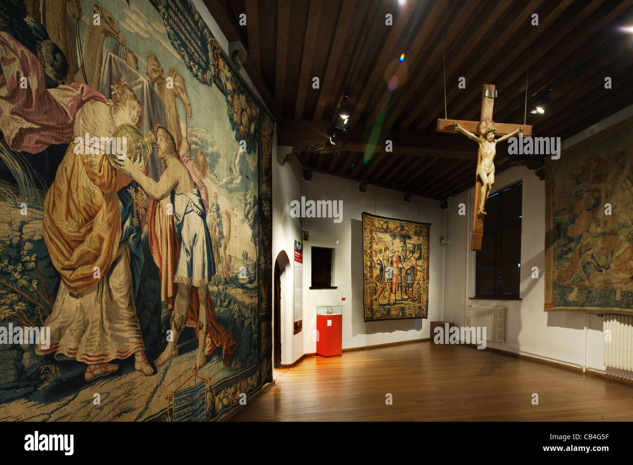 Medieval tapestries in the Gruuthuse chapel, Bruges, Belgium Stock Photo