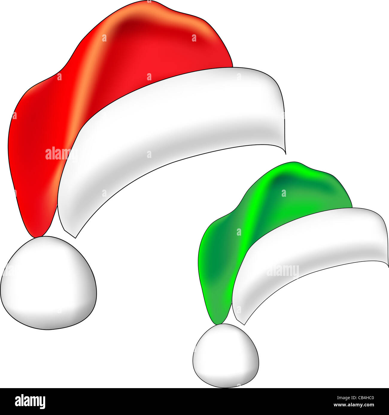 Christmas red Santa Claus hat and Christmas elf green bell isolated on white background Stock Photo