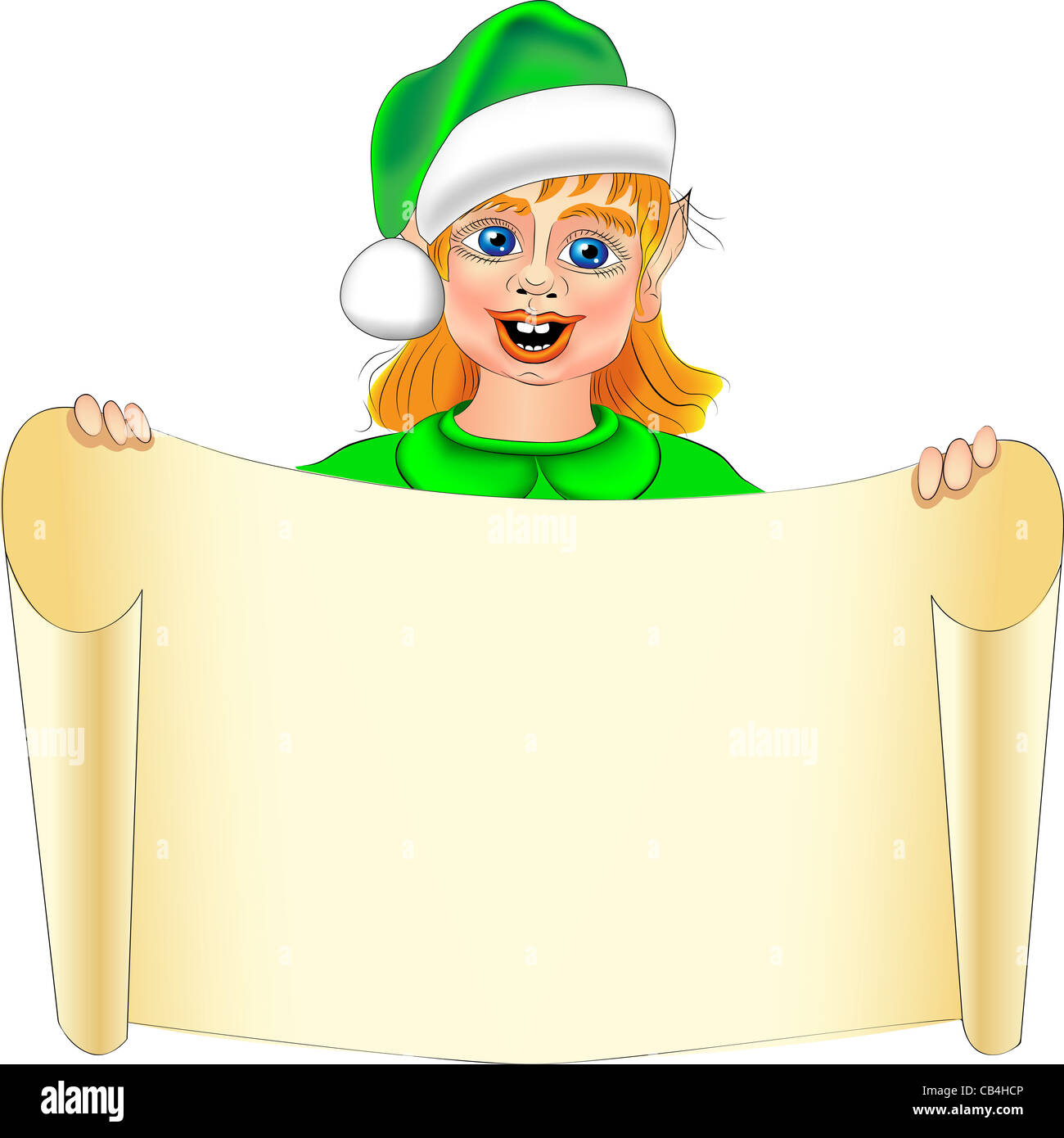 funny cartoon Christmas Elf with a scroll in his hand Stock Photo