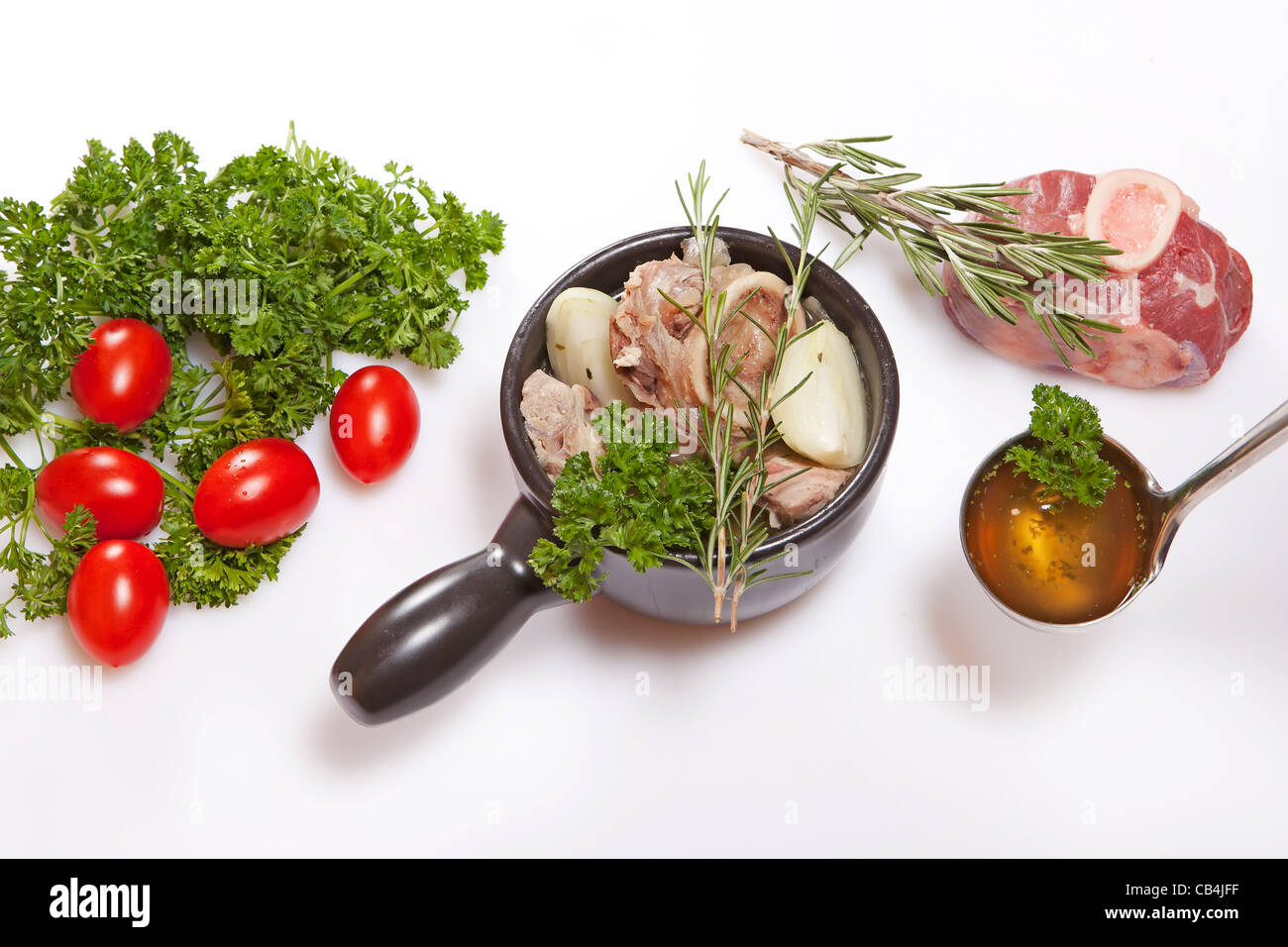 Ingredients for the preparation of a fresh beef broth Stock Photo